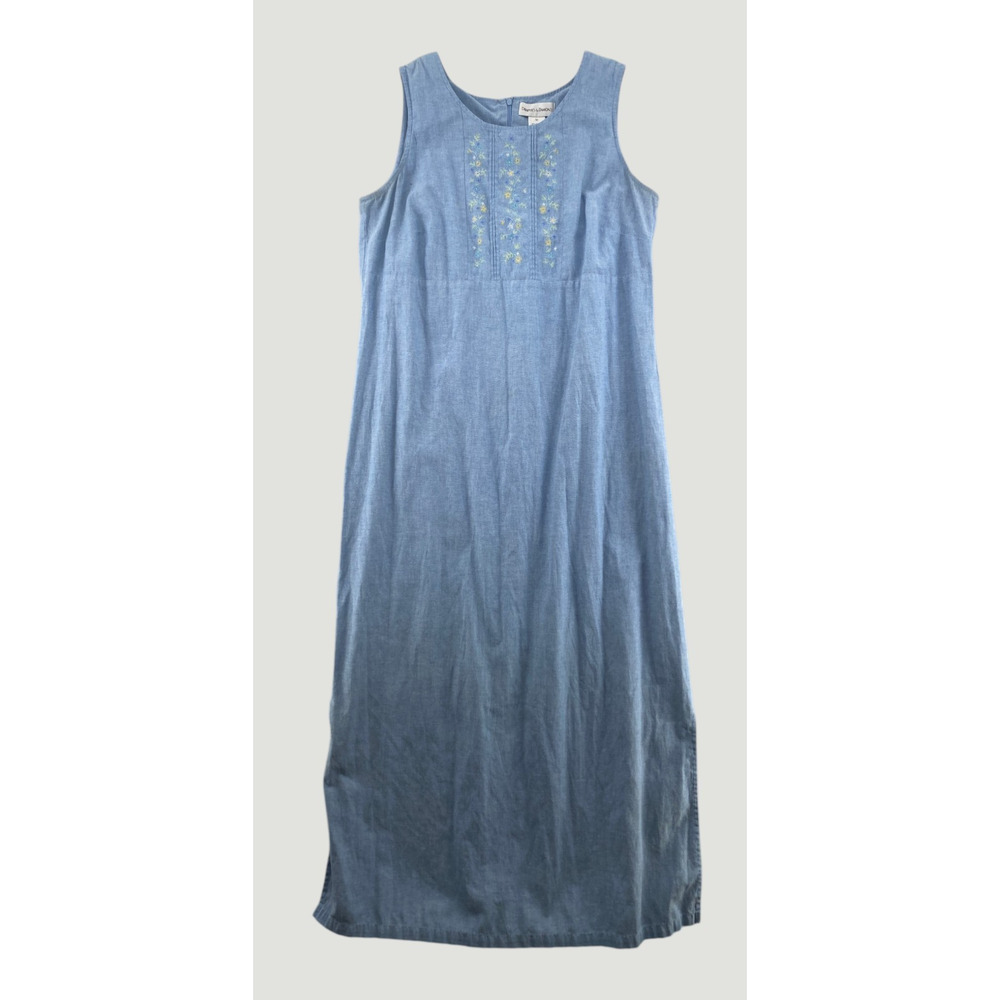 Embroidered Chambray Maxi Dress Cottagecore Prairie Blue Sleeveless Medium - Picture 3 of 9